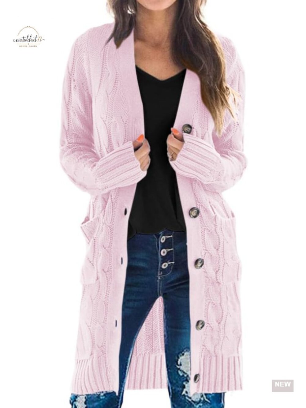 Cable Knit Long Button Down Cardigan Sweater with Pockets